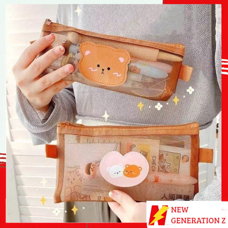 

NGZ Tempat Pensil Zipper Coklat Motif Beruang Dompet Pensil Coklat Lucu Motif Bear Tempat Makeup Teddy Brown Model Jaring Transparan dan Multicolour Cute