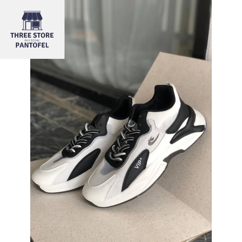 ThreeStorePantofel Sepatu Sneakers Olahraga untuk Pria Anti Slip warna Hitam dan Putih / Kode 1128