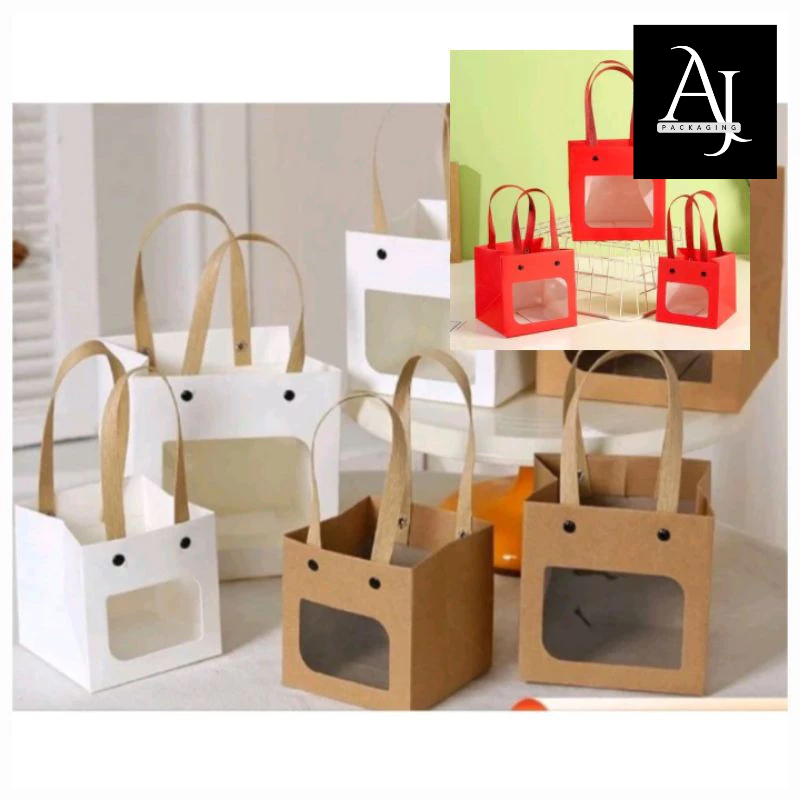 

[Satuan] Paperbag Square Karton Jendela Mika 15x15x15 20x20x20 cm Red White Brown Tart Cake Kue Ulang Tahun