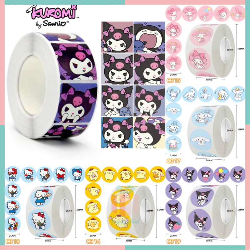 

500 Pcs Stiker Roll Sanrio Sticker Bulat Roll Kuromi Melody Hello Kitty Purin Cinnamon ST001