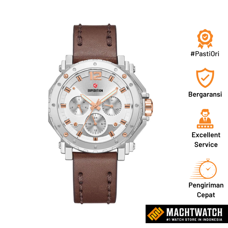 Jam Tangan Wanita Expedition E 6402 BF LSSRGSL Ladies Silver Dial Brown Leather Strap
