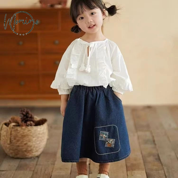 Setelan Anak Perempuan Set Pricess Kemeja Manis Lengan Panjang+ Rok Jeans Anak Setelan Anak Cewek
