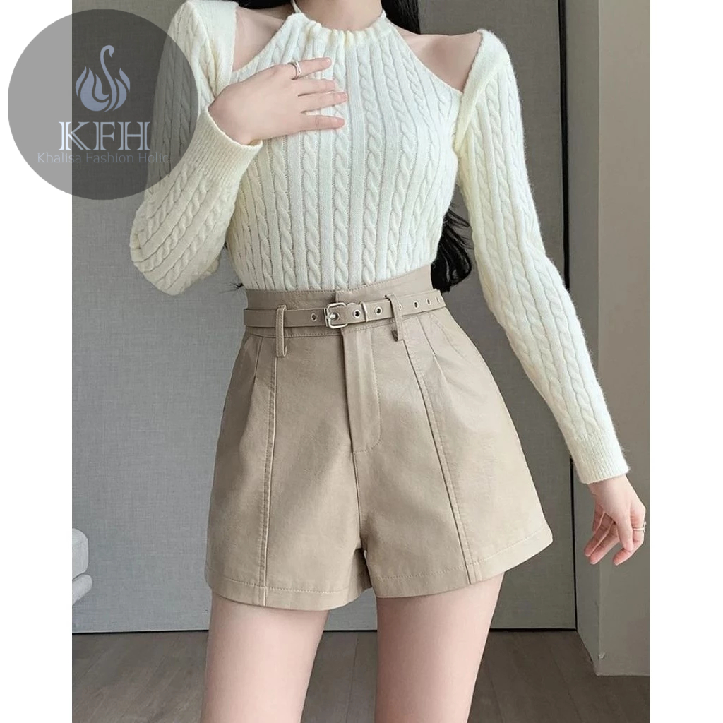 Celana Pendek Hotpants Kulit Vintage Casual PU Leather Model Pinggul Longgar High Waist Solid Color 