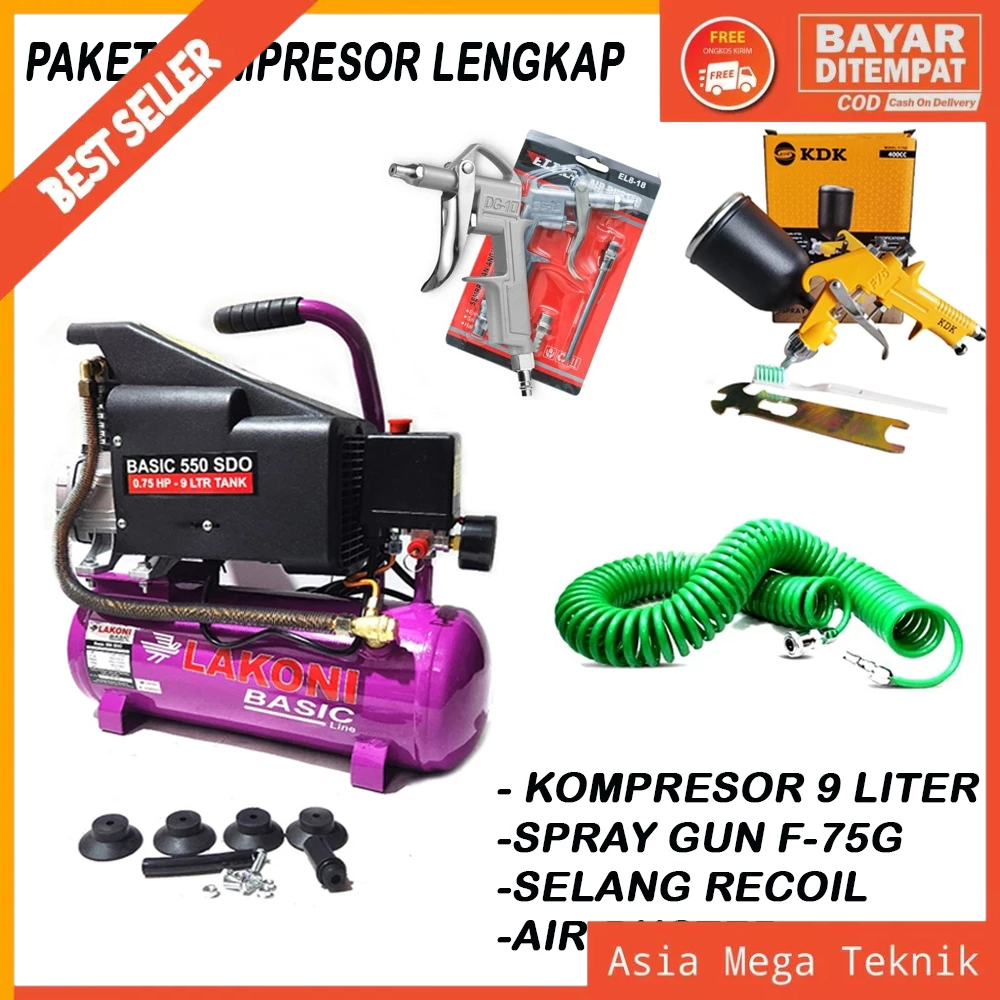 PAKET LAKONI Kompresor Angin Portable Oilless 1 HP 9 LITER Mini Air Compressor Udara + Spray Gun 75G