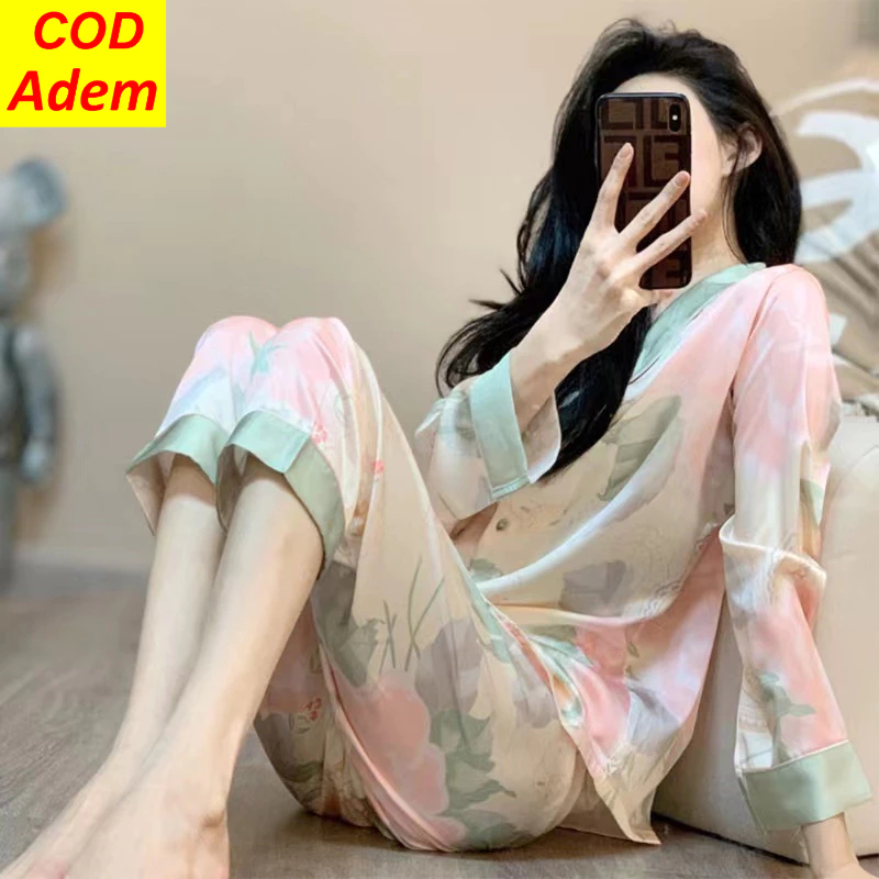✅COD✅piyama wanita lengan panjang korea motif bunga/baju tidur satin rumah elegan