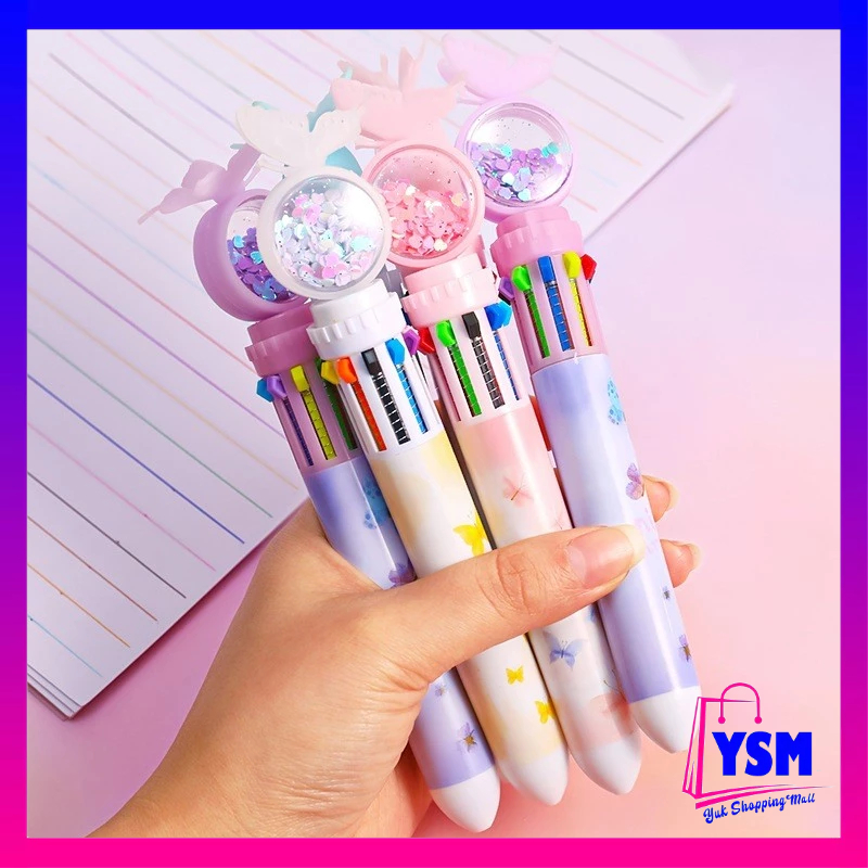 

YSM Pulpen Gliter Motif Kupu-Kupu Pulpen 10 Warna Aesthetic Pena Ballpoint Karakter Lucu