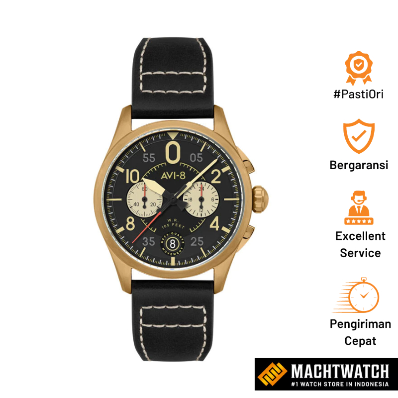 Jam Tangan Pria AVI-8 Spitfire AV-4089-07 Lock Chronograph Void Black Dial Black Leather Strap
