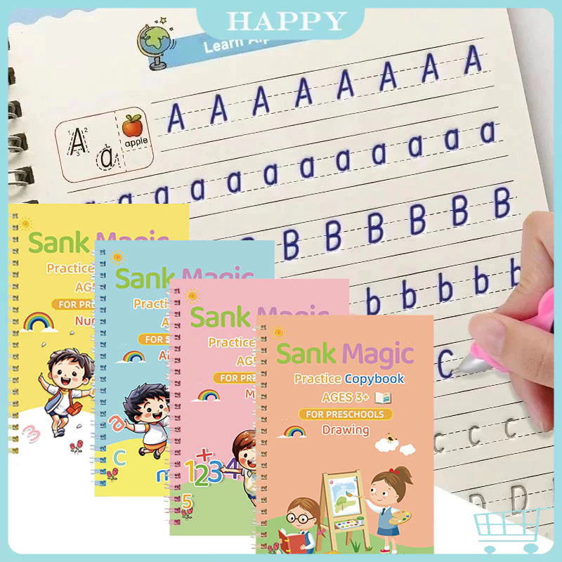 

1 Set 4 Buku + Pulpen /Sank Magic Book Buku Ajaib Belajar Menulis Anak /Latihan Menghitung Menggambar Tulis / Edukasi Hadiah Kado Ultah Anak Reuseable Alphabet Math Drawing Number