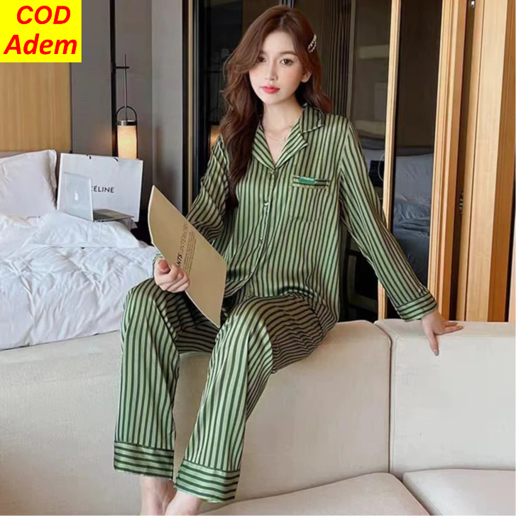 Piyama satin rayon hijau bergaris lengan panjang pakaian tidur rumah set baju tidur wanita