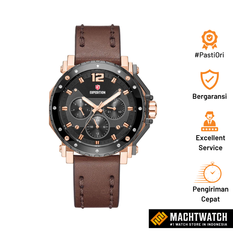Jam Tangan Wanita Expedition E 6402 BF LGRBA Ladies Black Dial Brown Leather Strap