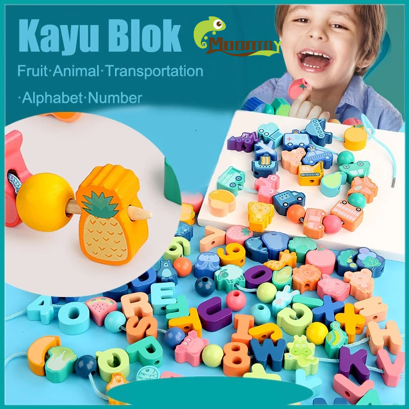 MOONTOY 3D Mainan Kayu Surat Nomor Angkutan Satwa kayu balok  Mainan Kayu Edukasi Anak