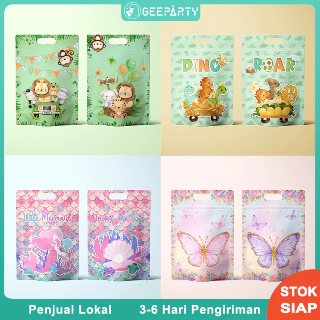 

10 Pcs Tas Permen Bertema Kantong Berdiri Ziplock Untuk Perlengkapan Pesta Ulang Tahun (Hewan/Dinosaurus/Putri Duyung/Konstruksi/Kupu-kupu)
