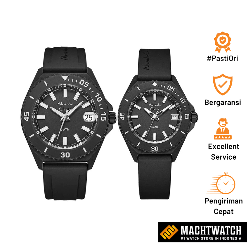 Jam Tangan Couple Alexandre Christie AC 8693 RIPBABA Couple Sport Black Dial Black Rubber Strap