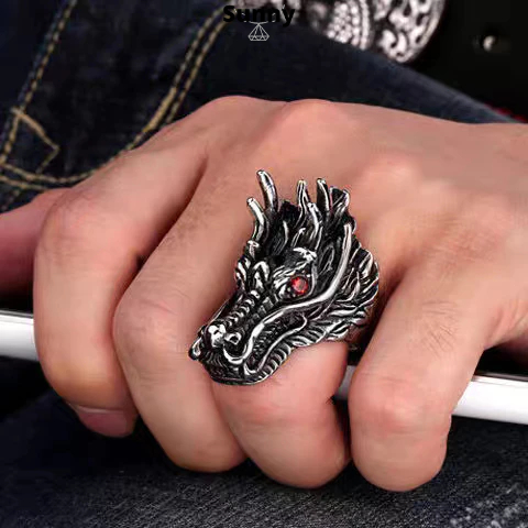 Fast Delivery Cod Cincin Vintage Naga Ruby Cincin Titanium Naga Mendominasi Cincin Pria Cowok Keren