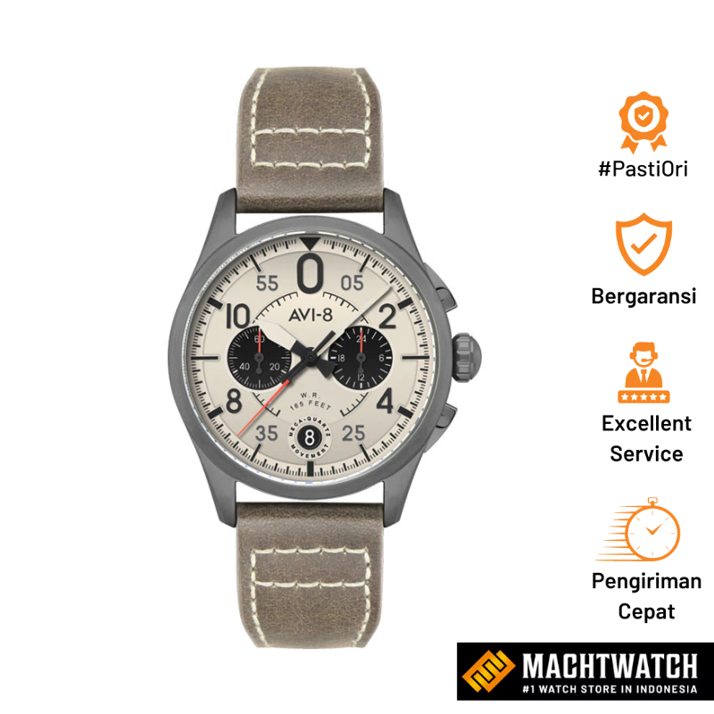 Jam Tangan Pria AVI-8 Spitfire AV-4089-06 Lock Chronograph Cream Dial Ghost Grey Leather Strap