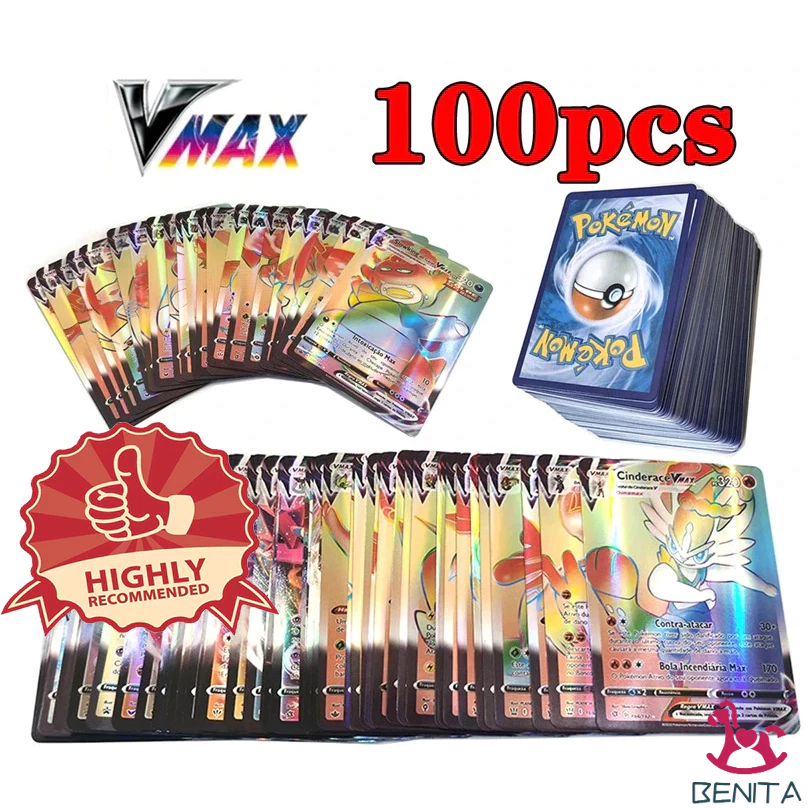 100pcs Pokemon Vmax Cards/Kartu Pokemon TCG Vmax Mega EX GX/Pokemon Shiny Cards/Kartu Laser Pokemon