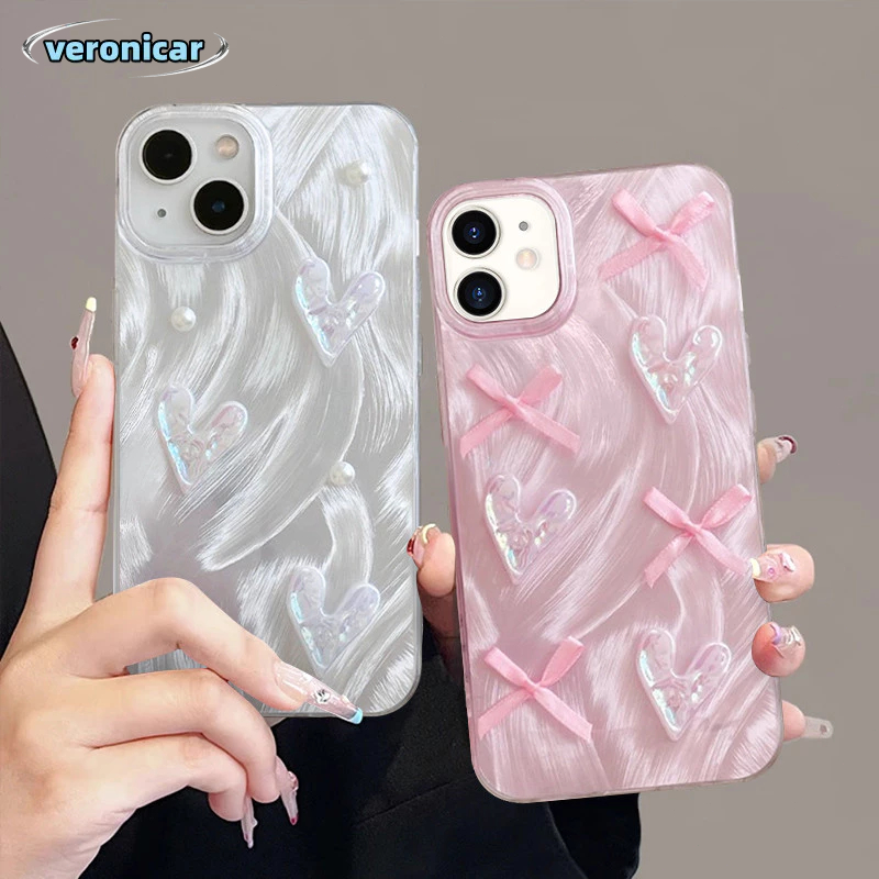 Casing Ponsel Pink Bow Heart Camlet Casing Ponsel Mewah Cocok untuk iPhone 13 11-Ver