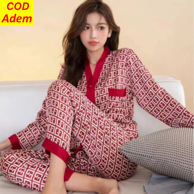 Baju piyama wanita satin sutra es korea baju tidur wanita lengan panjang celana panjang dewasa