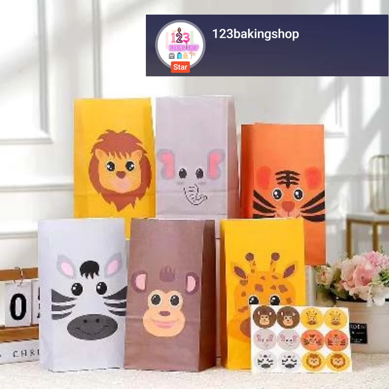 

Kantong kertas kraft paper animal kartun/ Kantong packaging tas kado gift souvenir cookies permen anak ultah 13x8x24 cm
