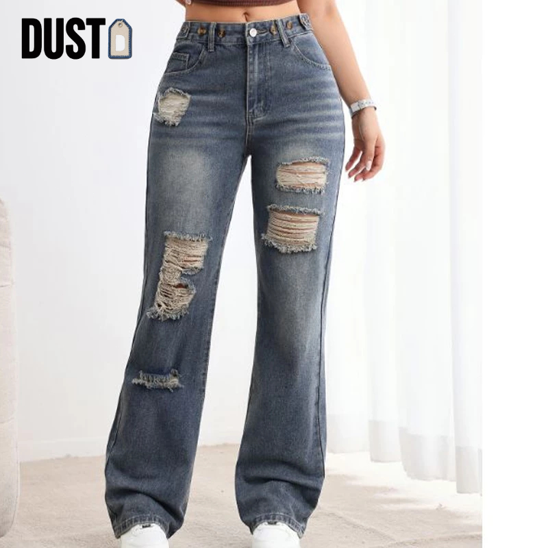 DUST-New Biru Robek Highwaist Celana Panjang Jeans Wanita jumbo size 3XL jeans original Premium
