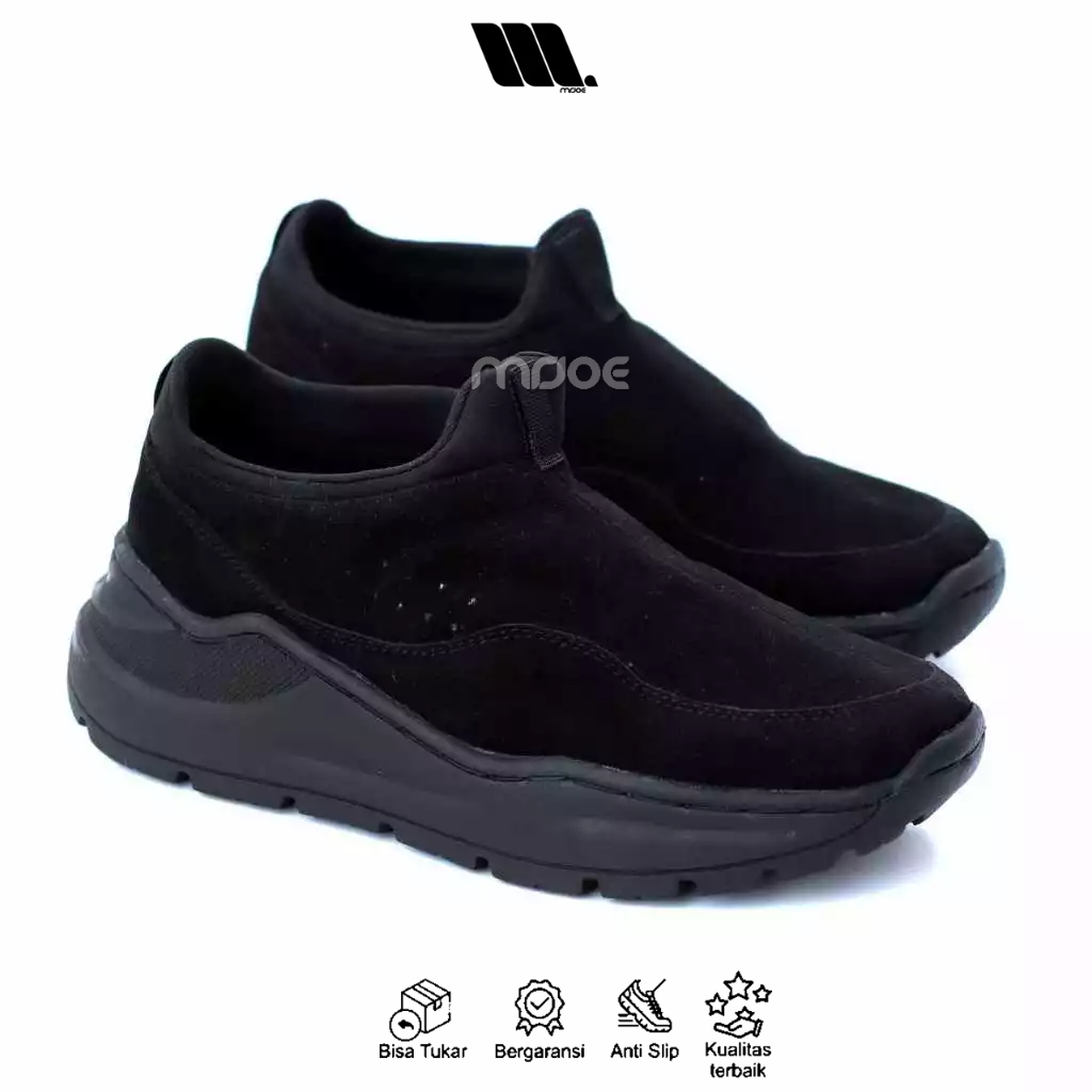 Sepatu Sneakers Pria Kulit PU Hitam Suede