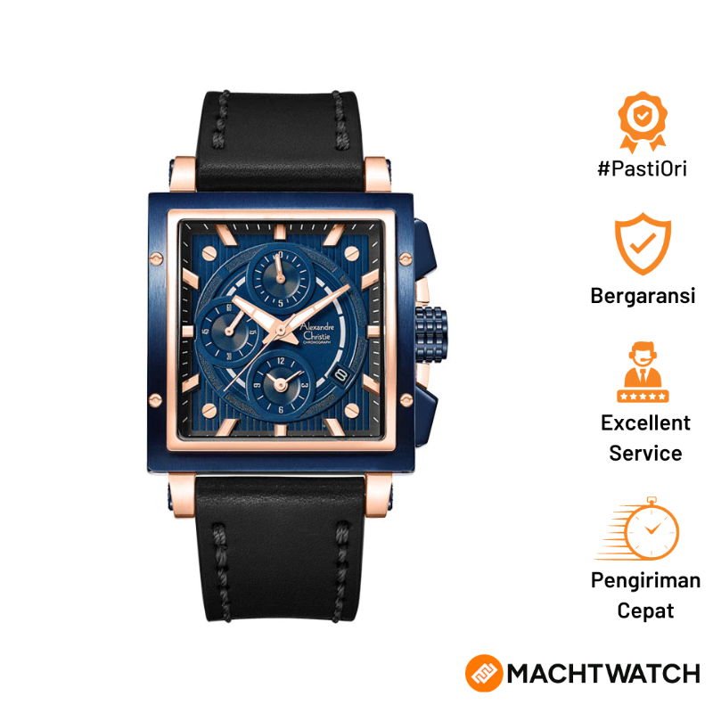Jam Tangan Pria Alexandre Christie Chronograph AC 6182 GC LURBU Men Blue Dial Black Leather Strap