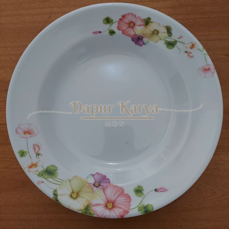 Piring Makan Melamin Putih Bunga 9 inch - DapurKaryaMdn