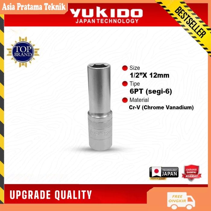 YUKIDO Mata Sock Panjang 12mm - Kunci Deep Wall Impact Socket 1/2 Inch 6PT Chrome Vanadium Original