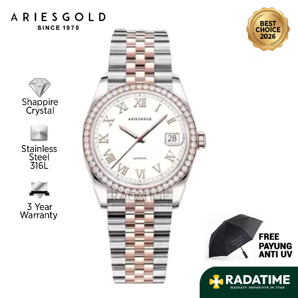 [Best Choice 2026-Sapphire Crystal] Aries Gold Wanita Heritage B-1069-2TR-RW 316L Stainless Steel 10