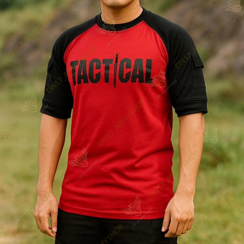 Kaos Tactical Pendek /Blackhawk Merah Kombinasi Reglan Katun Combed Original