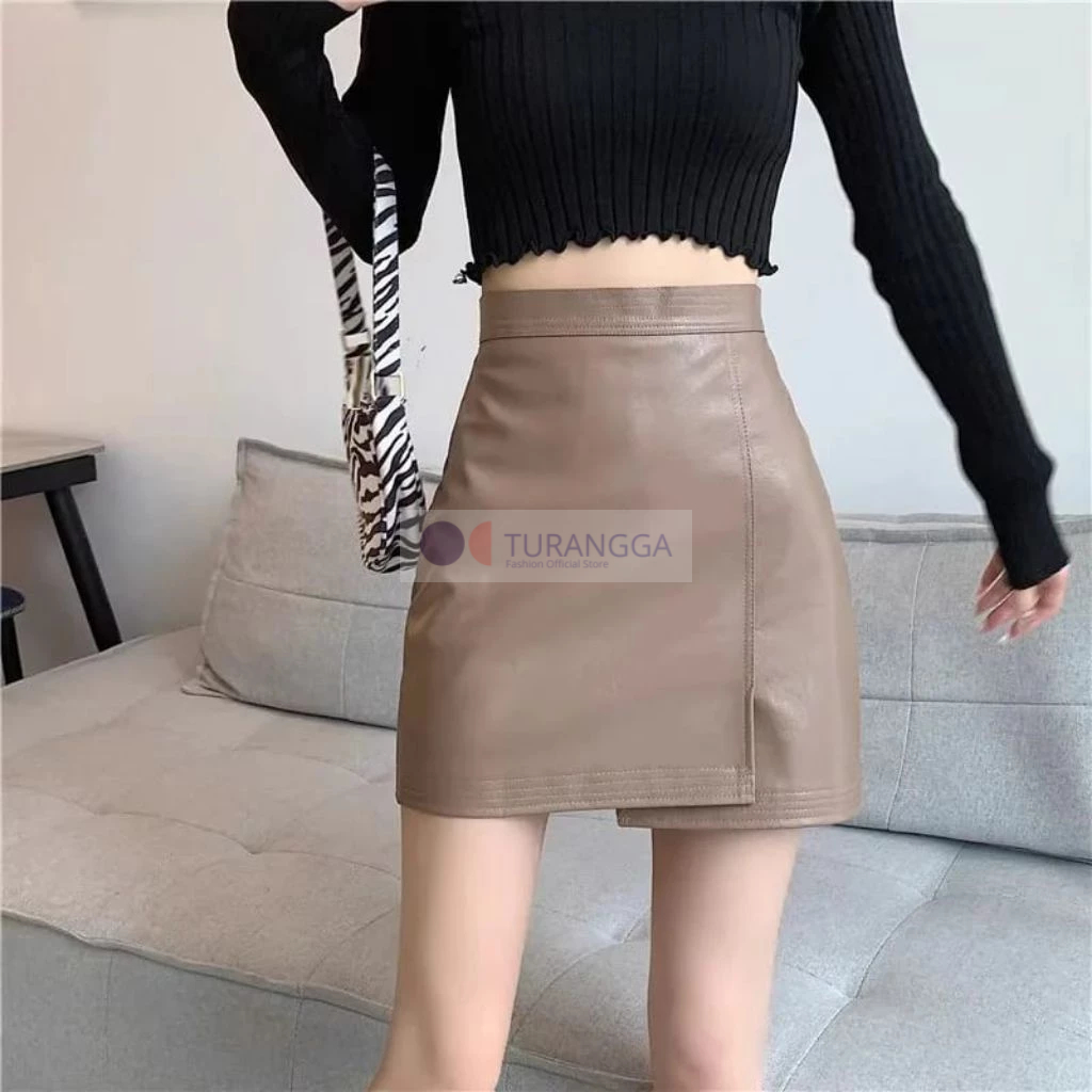 Rok Mini Ketat Seksi Bodycon High Waist Rok Kulit PU Leather Desain Sabuk Warna Solid