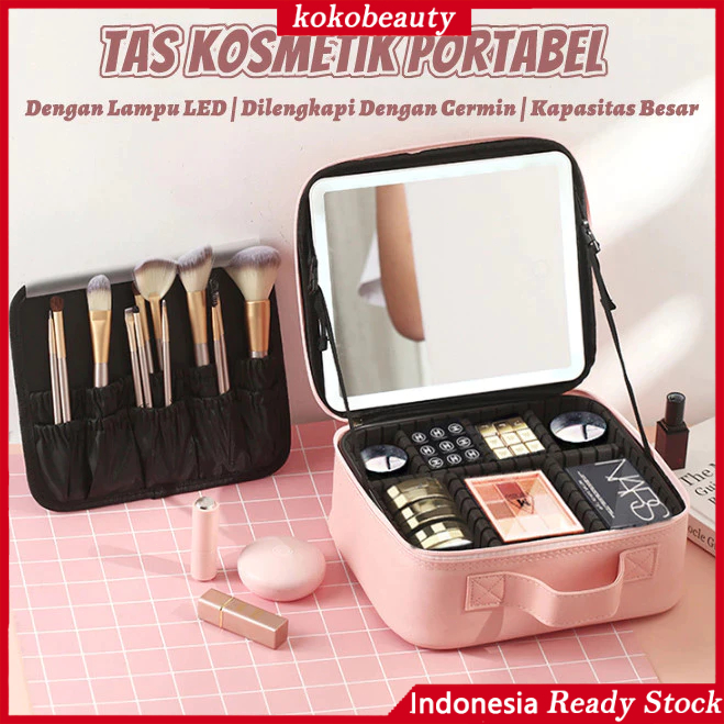 【COD】Tas Rias Kosmetik LED Makeupartist Bag MUA Beauty Case Tas Kosmetik Dengan Cermin Lampu LED Pen