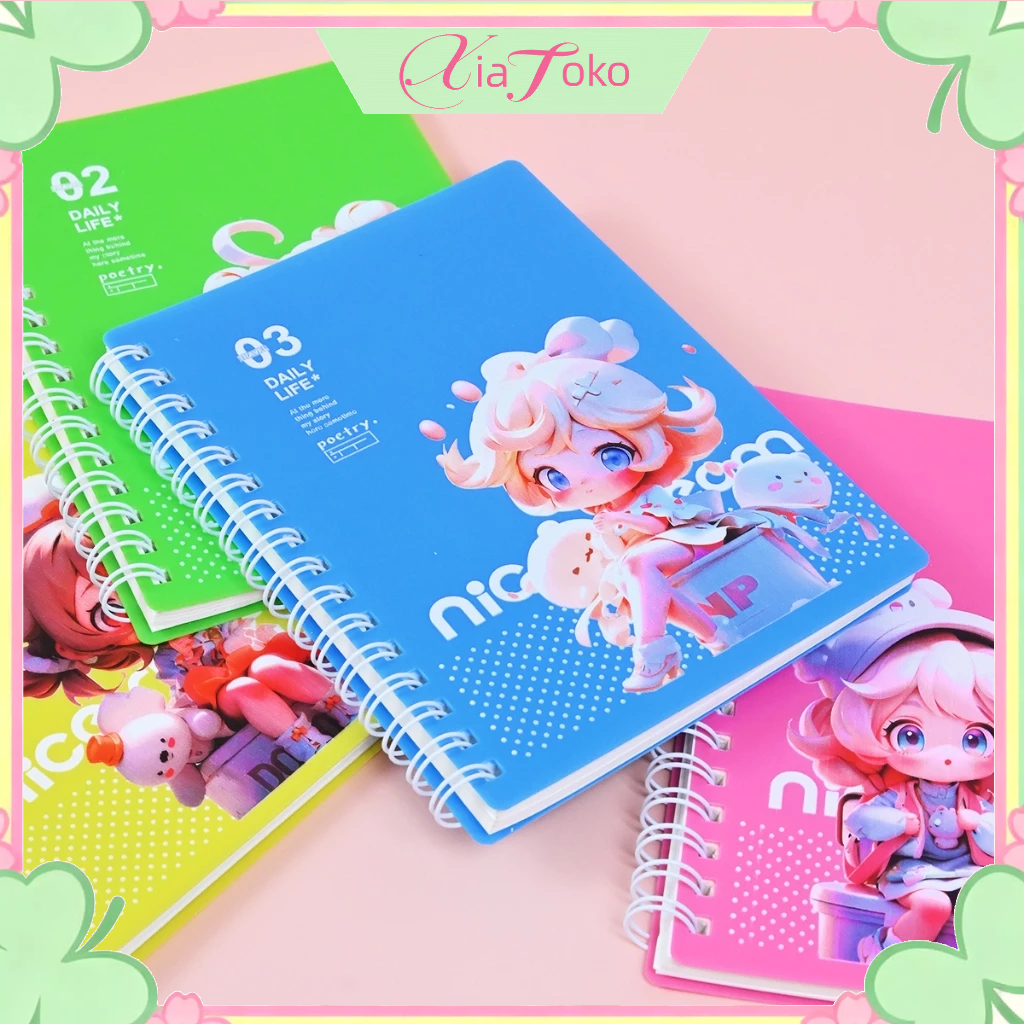 Gadis Lucu Kartun Buku A5/A6 buku Tulis Catatan Bergaris Spiral Ruled Notebook Perempuan Muda Imut