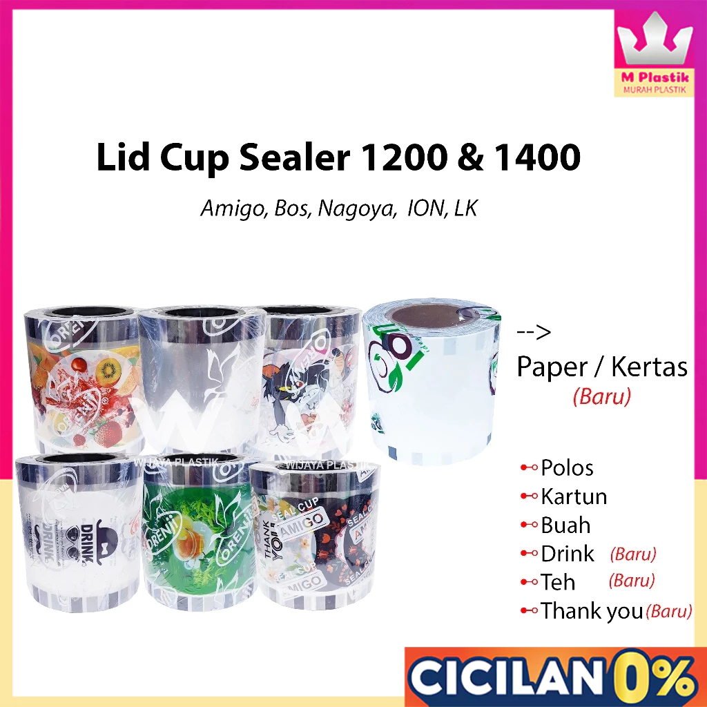 Plastik LID Cup Sealer ( 1200 & 1400 ) REAL Polos/Buah/Kartun/Daun Teh/Drink/Thankyou @Roll | seal a