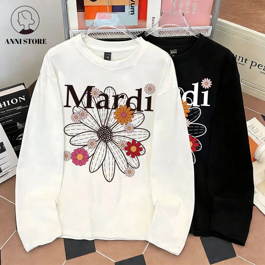 [COD] ANNI Kaos Lengan Panjang Oversize Pria Dan Wanita Putih Basic bunga daisy print 7.10