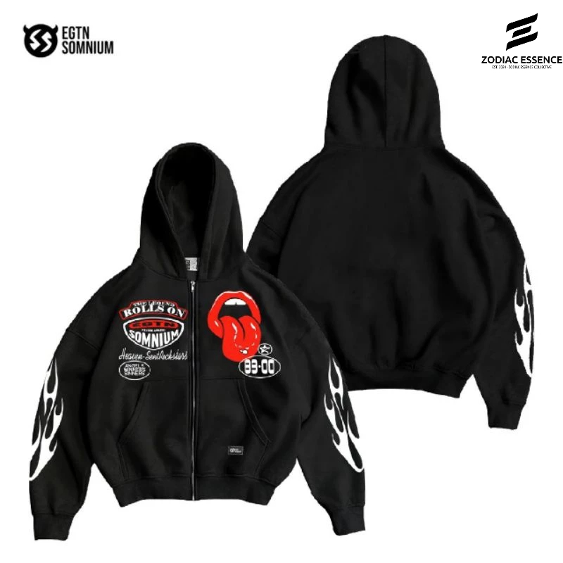 ZODIAK | Hoodie Zipper Boxy Hitam Rolling Stone EGTN