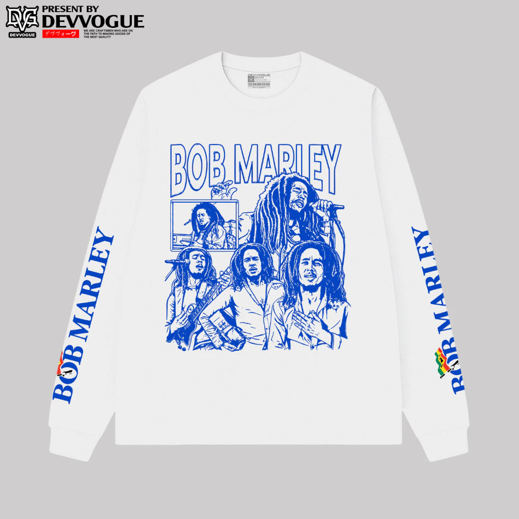 Devvogue Kaos lengan panjang putih Bob Marley Blue unisex casual