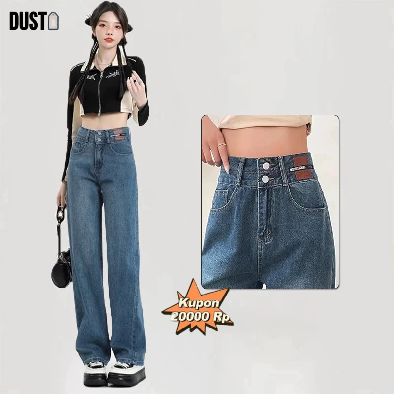 [Pengiriman Gratis] Dust Celana jeans panjang wanita Biru retro high waist kulot Jeans wanita Boyfri