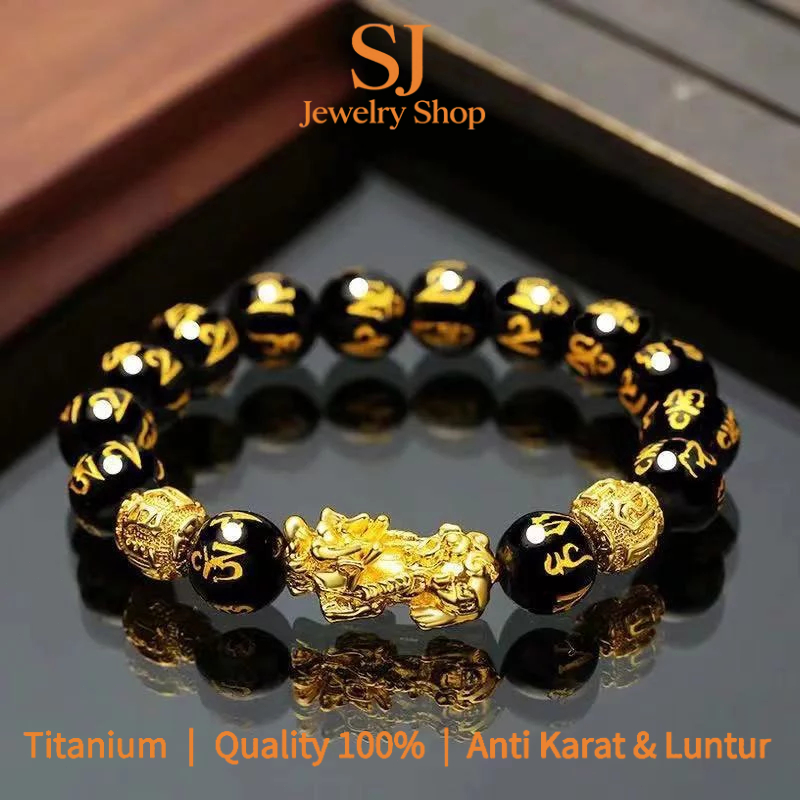 SJ Gelang Titanium Pixiu Pria Wanita Obsidian Retro Emas Hitam Naga Manik Budha Netral Gelang Kean F