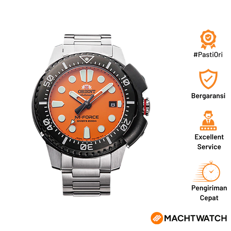 Jam Tangan Pria Orient M-Force RA-AC0L08Y Orange Dial Stainless Steel Strap