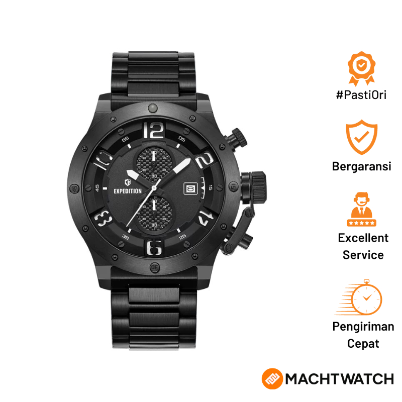 Jam Tangan Pria Expedition Chronograph E 6381 MCBIPBASL-1 Men Black Dial Black Stainless Steel Strap