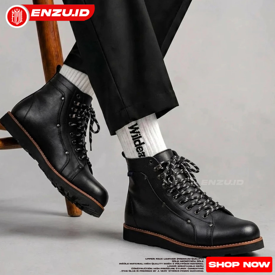 ENZU IGOR - Sepatu Boots Pria Hitam Fashion Casual High Cut Sol Tebal