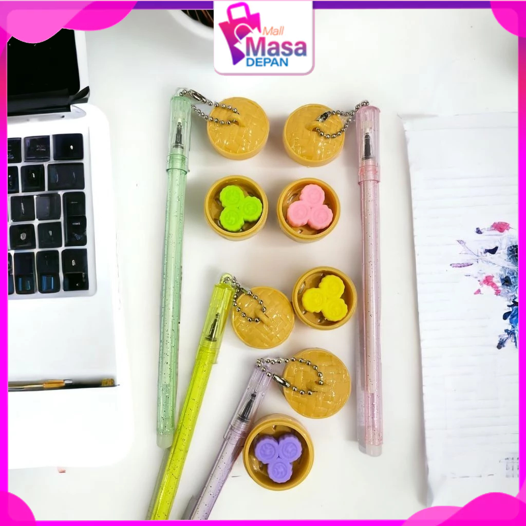 MMD Pena Gantungan Bapao Pulpen Lucu Gantungan Dimsum Mantou Blue Ink Gel Bisa di Hapus Bolpoin Tint