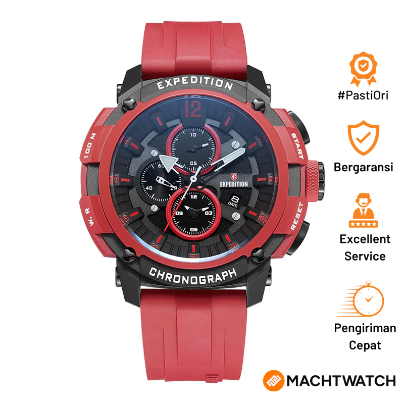 Jam Tangan Pria Expedition Chronograph E 6781 MC RIPBARE Men Black Dial Red Rubber Strap