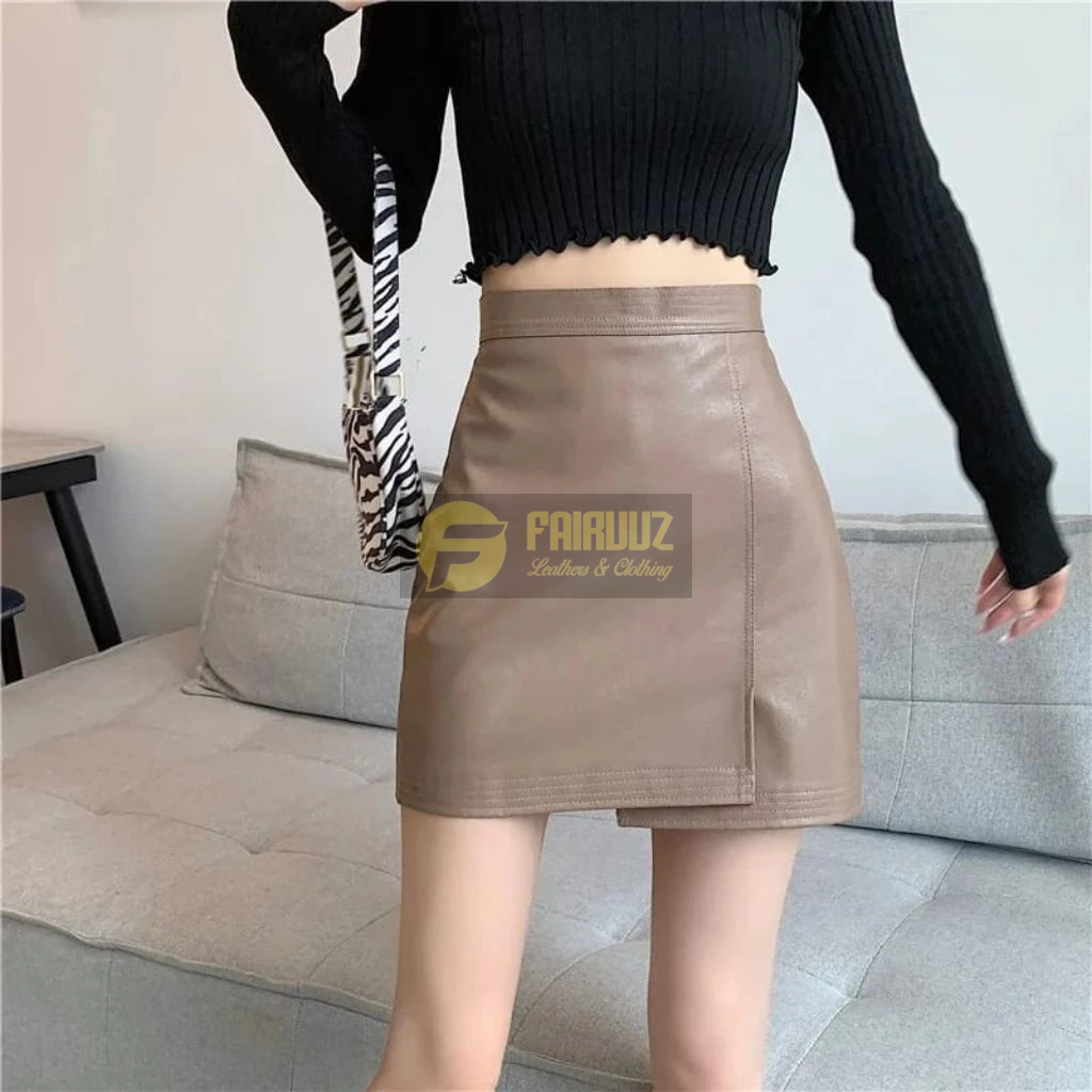 Rok Mini Ketat Seksi Bodycon High Waist Rok Kulit PU Leather Desain Sabuk Warna Solid