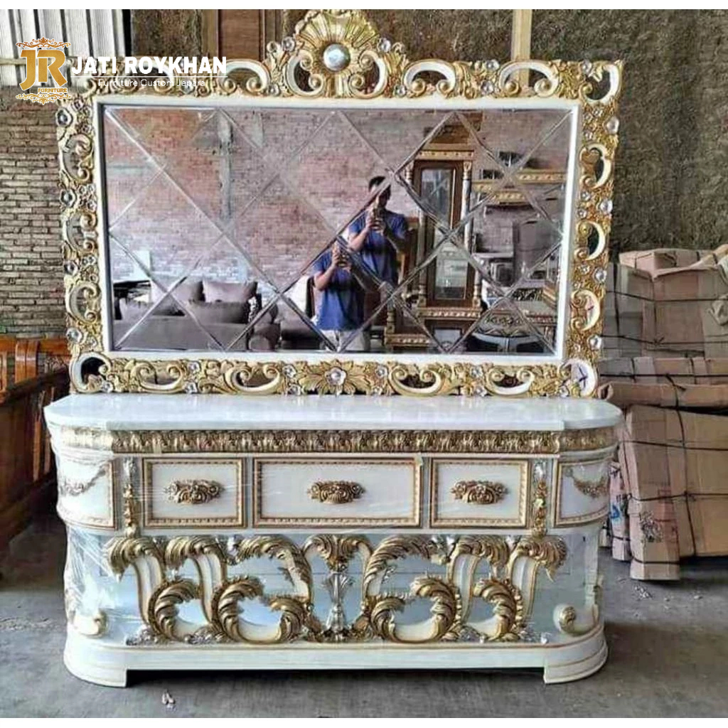 Bufet Meja Hias Cermin Jati Putih & Gold Ukir Jepara