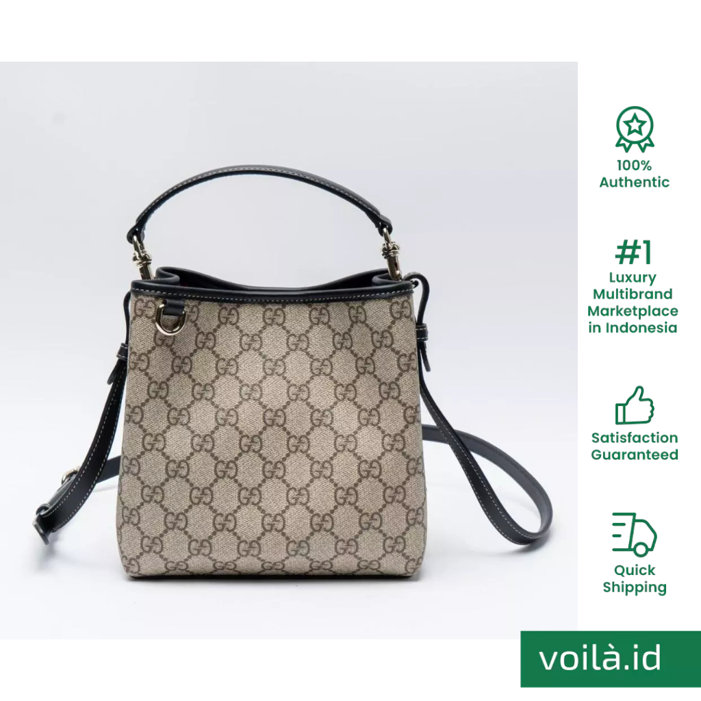 GG Emblem Monogram Small Bucket Bag Beige Black