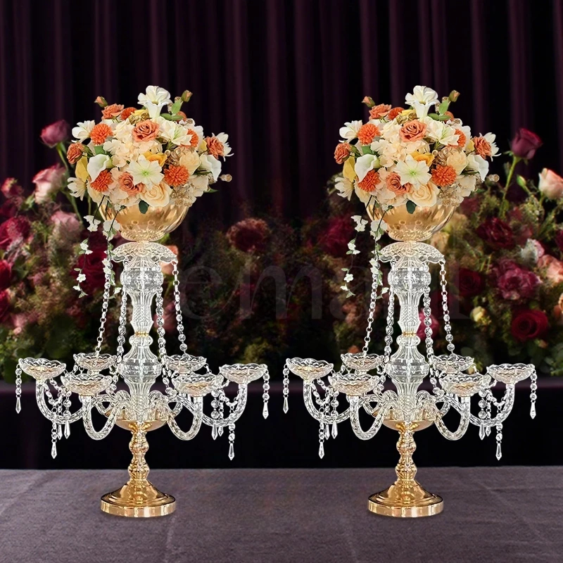 2PCS Tempat Lilin Pernikahan Mewah 6+1 Kristal Akrilik head Candle Holder Perlengkapan pernikahan ba