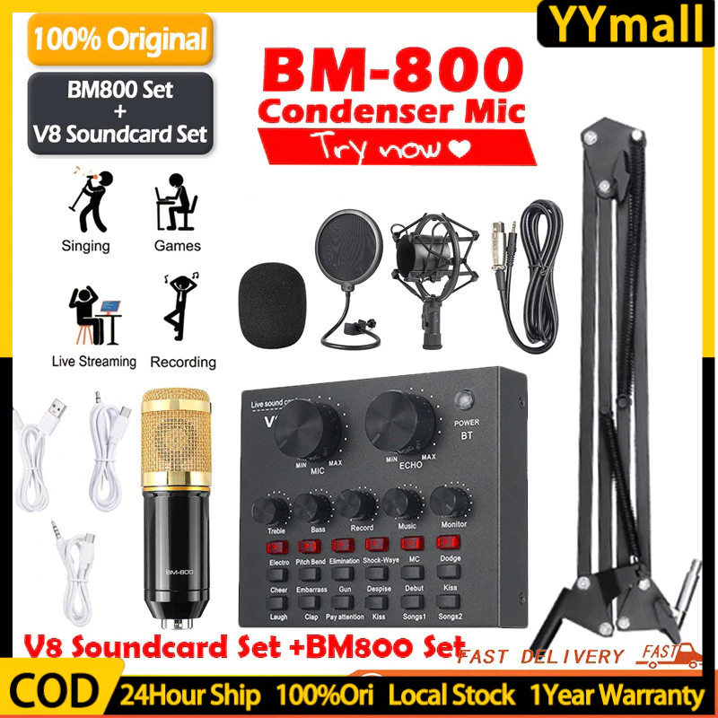 Soundcard V8/PAKET KUMPLIT MIC CONDENSER BM 800 + STAND + SOUNDCARD V8 + SPLITTER