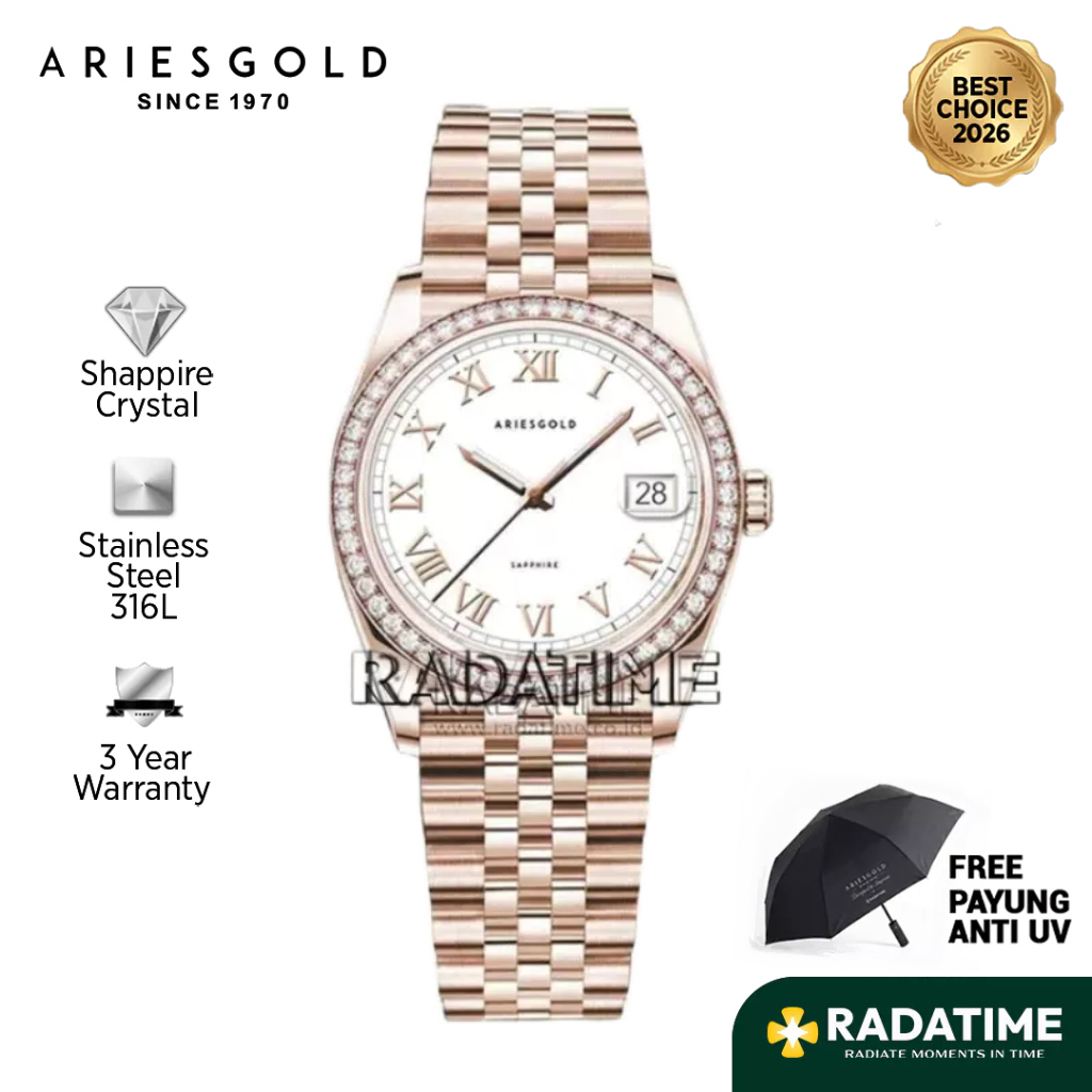 [Best Choice 2026-Sapphire Crystal] Aries Gold Wanita Heritage B-1069R-RG-RW 316L Stainless Steel 10